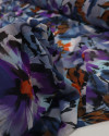 Tecido Crepe Chiffon Quadriculado e Floral Colorido e Roxo