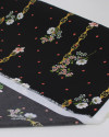 Tecido Crepe Silk Fino Italiano Micro Poá e Flores Entre Correntes Colorido e Preto