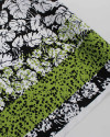 Tecido Viscose Italiano Barrado Macro Folhas Verde, Branco e Preto