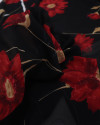 Tecido Crepe Chiffon Grosso Italiano Macro Floral e Riscos Branco, Vermelho e Preto