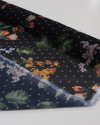 Tecido Crepe Chiffon Italiano Micro Poá Rosa e Ramos Florais Colorido e Preto