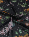 Tecido Crepe Chiffon Italiano Micro Poá Rosa e Ramos Florais Colorido e Preto