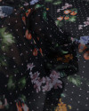 Tecido Crepe Chiffon Italiano Micro Poá Rosa e Ramos Florais Colorido e Preto