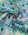 Tecido Viscose Acetinada Italiano Micro Tapee Floral Colorido e Verde Tiffany
