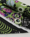 Tecido Crepe Silk Italiano Barrado Floral e Artes Abstratas Colorido e Verde