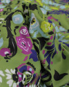 Tecido Crepe Silk Italiano Barrado Floral e Artes Abstratas Colorido e Verde