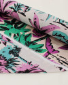 Tecido Crepe Silk Italiano Estampa Tropical Abstrata Verde, Roxo e Rosé