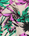 Tecido Crepe Silk Italiano Estampa Tropical Abstrata Verde, Roxo e Rosé