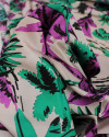 Tecido Crepe Silk Italiano Estampa Tropical Abstrata Verde, Roxo e Rosé