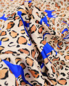 Tecido Crepe Texturizado Italiano Animal Print e Onças Azul, Tons de Marrom e Bege
