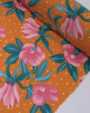 Tecido Crepe Koshibo Pingos Irregulares e Macro Flores Rosa, Verde e laranja