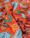 Tecido Crepe Koshibo Ramos e Flores Colorido e Laranja