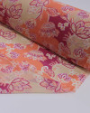Tecido Crepe Chiffon Grosso Flores em Arabescos Bege Claro, Roxo e Coral