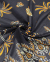 Tecido Crepe Chiffon Grosso Barrado Duplo Palmeiras e Arabescos Bege, Laranja e Preto