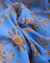 Tecido Crepe Koshibo Folhas e Flores Castanho, Bege e Azul Bebê