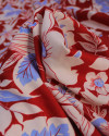 Tecido Crepe Sarjado Ramos e Flores Azul, Branco e Vermelho