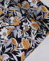 Tecido Crepe Sarjado Macro Ramos e Flores Amarelo, Branco e Azul Marinho Noite