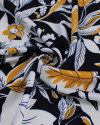 Tecido Crepe Sarjado Macro Ramos e Flores Amarelo, Branco e Azul Marinho Noite