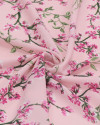 Tecido Crepe Koshibo Leve Ramos Florais Verde e Tons de Rosa
