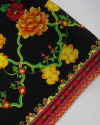Tecido Crepe Bubble Barrado Duplo Macro Floral Tons Vibrantes e Preto