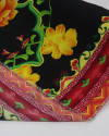 Tecido Crepe Bubble Barrado Duplo Macro Floral Tons Vibrantes e Preto