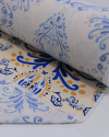 Tecido Viscose Premium Estampa Arabesco Amarelo, Azul e Bege