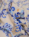 Tecido Viscose Premium Estampa Arabesco Amarelo, Azul e Bege
