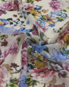Tecido Crepe Chiffon Toque de Seda Italiano Multi Floral Colorido e Pêssego