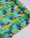 Tecido Viscose Mista Acetinado Italiano Ramos e Flores Amarelo, Azul e Tons de Verde
