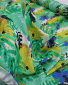 Tecido Viscose Mista Acetinado Italiano Ramos e Flores Amarelo, Azul e Tons de Verde