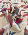 Tecido Crepe GGT Quadriculado Vertical e Folhagem Rosa e Bege