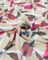 Tecido Crepe GGT Quadriculado Vertical e Folhagem Rosa e Bege