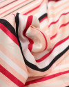 Tecido Crepe Silk Brocado Floral e Listras Vermelho e Salmão