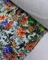 Tecido Sarja Fina Acetinado Flora e Tucanos Colorido e Verde Água