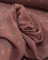 Tecido Crepe Chiffon Grosso Micro Ramos e Flores Verde, Rosa e Castanho