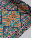 Tecido Crepe Chiffon Texturizado Italiano Multi Estampas em Recortes Colorido e Laranja