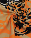 Tecido Viscose Italiano Macro Onças e Animal Print em Listras Preto, Laranja e Bege