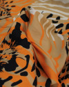 Tecido Viscose Italiano Macro Onças e Animal Print em Listras Preto, Laranja e Bege