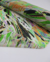 Tecido Crepe Chiffon Pinceladas Abstratas Laranja e Verde