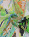 Tecido Crepe Chiffon Pinceladas Abstratas Laranja e Verde