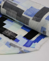 Tecido Viscose Estampa Geométrica Preto, Tons de Azul e Offwhite