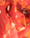 Tecido Crepe Chiffon Italiano Barrado Vertical e Flores Laranja e Tons Quentes