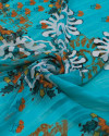 Tecido Crepe Chiffon Brocado Ramos e Flores Colorido e Verde Tiffany