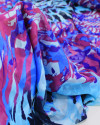 Tecido Crepe Chiffon Brocado Pintura Abstrata Roxo e Tons de Azul