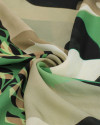 Tecido Crepe Chiffon Italiano Barrado Triplo Macro Flores Abstratas Bege, Verde e Offwhite
