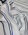 Tecido Crepe Silk Italiano Barrado Macro Floral e Listras Verticais Azul Marinho e Branco