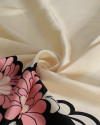Tecido Crepe Silk Italiano Barrado Vertical Abstrato Rosa, Preto e Creme