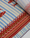 Tecido Viscose Premium Barrado Sardines Estampadas e Listras Verticais Vermelho, Azul e Offwhite