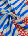 Tecido Viscose Premium Sardine Estampada Vertical e Listras Azul, Vermelho e Offwhite