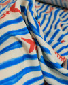 Tecido Viscose Premium Sardine Estampada Horizontal e Listras Vermelo, Azul e Offwhite